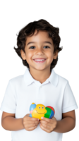 Smiling boy holding toy bee on transparent background png