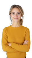 Smiling young woman in yellow sweater with arms crossed on transparent background png