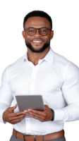 Smiling man holding tablet on a transparent background png