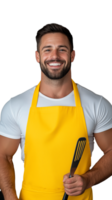 Smiling man in yellow apron holding spatula on a transparent background png