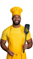 Smiling chef holding spatula in yellow uniform on a transparent background png