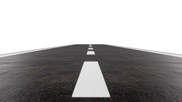 Asphalt road with white dashed line extending forward on a transparent background png