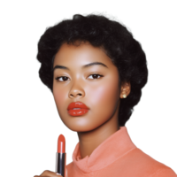 Woman applying red lipstick with thoughtful expression on a transparent background png