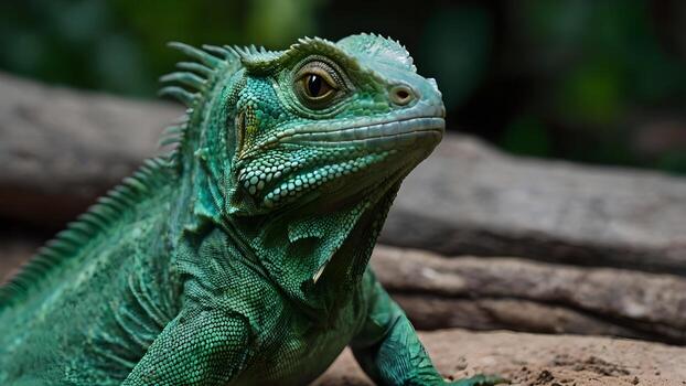 Close Up Portrait of a Green Basilisk Lizard in a Zoo Setting photo