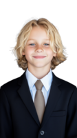 Young boy in suit and tie smiling confidently on a transparent background png