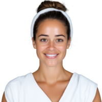 Smiling woman with headband and white towel in spa setting on a transparent background png