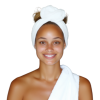 Smiling woman with towel wrapped around head in spa setting on a transparent background png