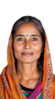 Elderly woman in traditional orange headscarf smiling on a transparent background png