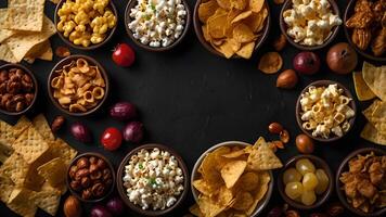 Assortment Of Salty Snacks In Small Bowls On A Black Background photo