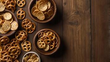 Assortment of Salty Snacks in Wooden Bowls on Rustic Wooden Background photo
