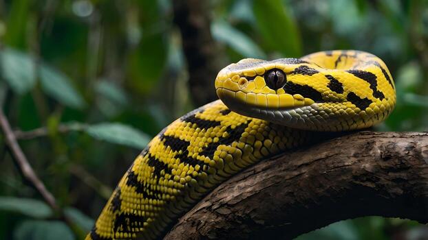 Yellow Tree Python Snake Resting On a Branch in a Lush Rainforest photo