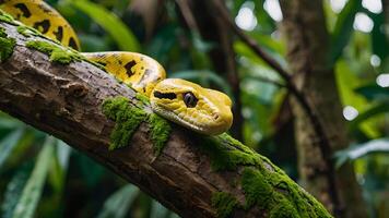 Yellow Tree Python Snake Resting On A Moss Covered Branch In The Rainforest photo
