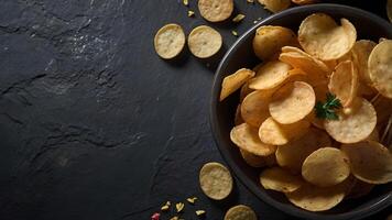 Crispy Potato Chips in a Bowl on a Black Slate Surface photo