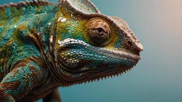 Close Up Of A Chameleon With A Green And Blue Pattern Looking Off To The Side photo