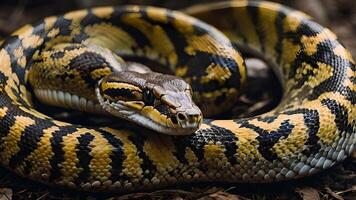Close Up of a Python Snake with Yellow and Black Scales photo