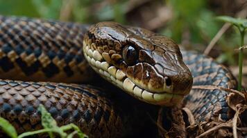 Close Up Of A Brown And Black Snake With Its Eye Focused On The Camera photo