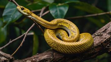 Yellow Viper Snake Coiled on a Branch in Lush Green Foliage photo