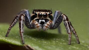 Close Up of a Hylus Diardi Jumping Spider on a Green Leaf photo