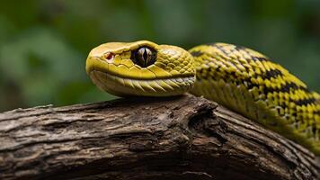Yellow Viper Snake Resting on a Branch in a Green Forest photo