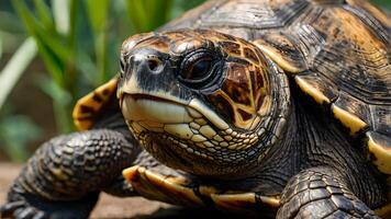 Turtle Close Up Portrait with Detailed Shell and Eye photo