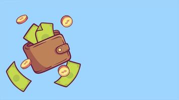animation wallet with golden coin sign dollar. motion graphic coin drop in wallet, transaction concept. video