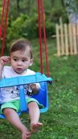 Little kid in t-shirt and shorts swaying in a swing. Calm barefoot baby boy in the garden in summer. Nature backdrop in blur. Vertical video