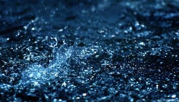 Water drops levitating in the air in dark. Splashing water fly in the air. Part of the drops is in focus, part - out of the focus. photo