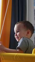 Smiling baby boy swinging in the swing. Fun time at home. Black cat comes up to a kid. Vertical video