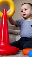 Beautiful Caucasian kid building pyramid. Happy baby boy playing at home. Black cat at backdrop. Low angle view. Vertical video