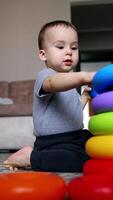Lovely kid takes the rings of pyramid from the floor. Toddler constructs pyramid and learns size and colors. Low angle view. Vertical video
