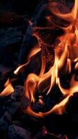Explosion of flame with bright sparks. Black smoldered logs explode with fiery flame on dark background outdoors. Close-up. Vertical video