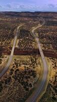 Two long highways passing through the deserted land with little green bushes. Drone approaching the huge crack in the desert with bridges connecting the roads. Vertical video