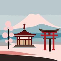 Japanese tori gate and mountain in background vector