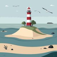 Lighthouse on an island with birds flying around it vector