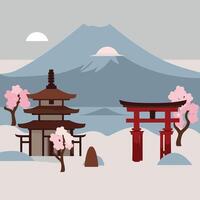Japanese landscape with tori gate and mountain vector