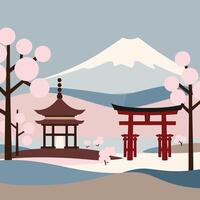 Japanese landscape with a tori gate and a mountain vector
