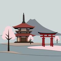 Japanese landscape with tori gate and pagoda vector