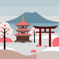 Japanese landscape with a torii gate and pagoda vector
