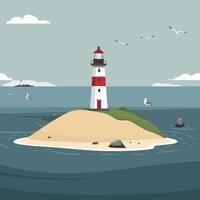 Lighthouse on an island with seagulls and birds vector