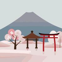 Japanese landscape with tori gate and cherry tree vector