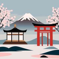 Japanese landscape with a torii gate and a mountain vector