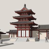A 3d rendering of a pagoda in a courtyard vector