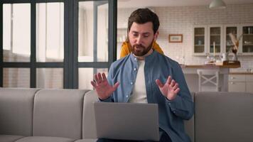 Caucasian dad male man talking online conference remote working call discussion naughty child daughter smile little kid girl run touch interfere father distracting parent at home family trouble video