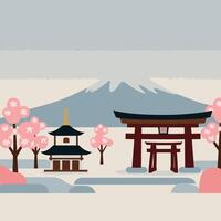 Japanese landscape with a torii gate and cherry trees vector