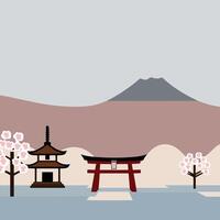 Japanese landscape with a torii gate and a pagoda vector
