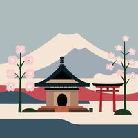Japanese landscape with a torii gate and a mountain vector