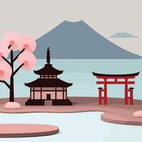 Japanese landscape with a pagoda and a bridge vector