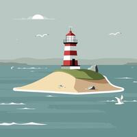 Lighthouse on an island with birds flying around it vector