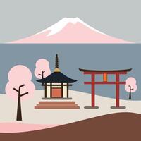 Japanese landscape with tori gate and mountain vector