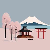 Japanese landscape with a torii gate and a mountain vector